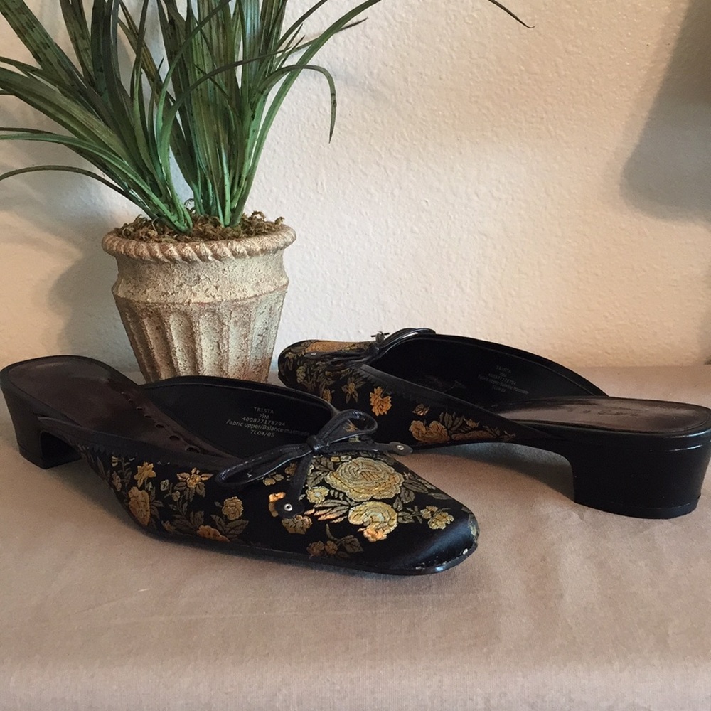 Black and Gold Floral Embroidered Mules Slip-Ins